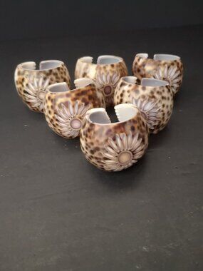 Vintage Tiger Cowrie Shell 6 Napkin Rings w/ Hand Carved Floral Design + 3 Plain